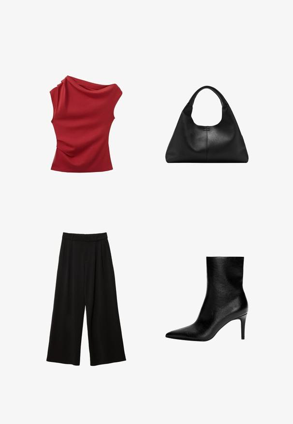 Haut rouge sans manches avec un col drapé asymétrique et un léger froncé sur un côté.; Pantalon noir à jambes larges, taille haute, plis devant, passants pour ceinture et coupe décontractée.; Bottine noire en cuir avec une silhouette élégante, un bout pointu et un talon haut en stilettos. Texture lisse, design minimaliste sans quincaillerie visible.; Sac à main en cuir noir texturé avec une base large et des anses épaisses et arrondies, présentant une couture verticale centrale et des détails de surpiqûres subtils.