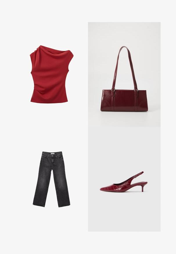 Haut rouge sans manches avec un col drapé asymétrique et un léger froncé sur un côté.; Jean noir à jambes larges avec poches avant et arrière, fermeture par bouton et passants de ceinture, posé à plat sur fond blanc.; Escarpin à talon kitten en cuir bourgogne avec texture crocodile, bout pointu, bride ajustable et talon bas sur fond blanc.; Sac à main bordeaux en matériau brillant, de forme rectangulaire, avec deux anses et des accents légèrement courbés à l'avant.