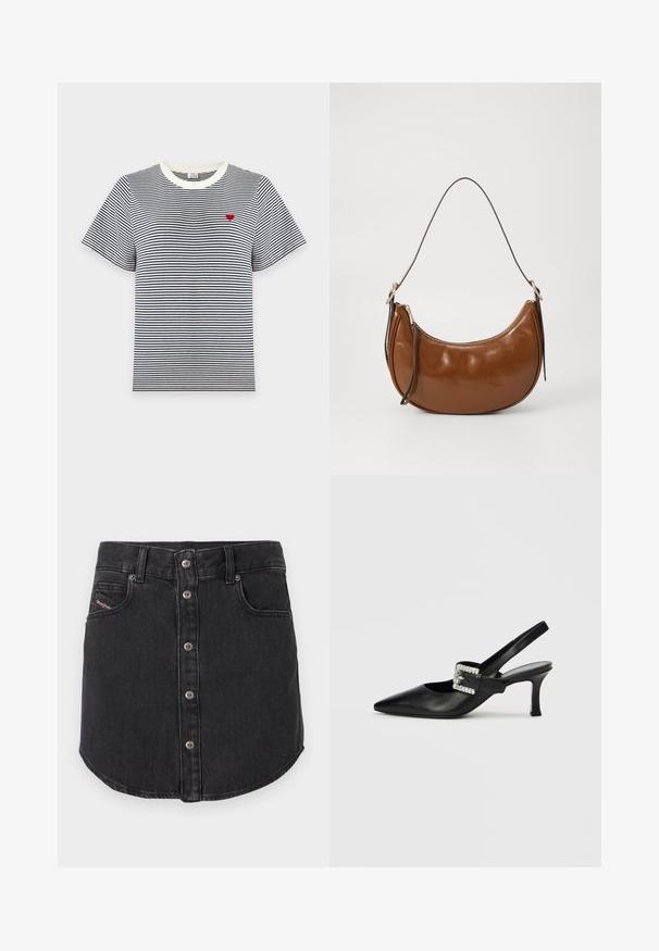 Zwart-wit horizontaal gestreept T-shirt met korte mouwen, een witte kraag en een klein rood hart geborduurd op de linkerborst.; Zwarte denim minirok met metalen knopen aan de voorkant, twee voorkanten zakken, riemlussen en een afgeronde Zoom.; Zwart leren slingback-schoen met spits toelopende neus, lage hak en gespversiering met strasssteentjes. Gladde textuur, minimalistisch ontwerp.; Bruine faux leren tas met een gebogen ontwerp, ritssluiting en een enkele bruine schouderband. Gladde textuur met een glanzende afwerking en minimale hardware.