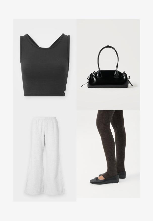 Haut court noir en tissu texturé, avec de larges bretelles et un design de dos en V. Présente une esthétique minimaliste et un détail de logo discret.; Pantalons de survêtement évasés gris clair avec une taille élastique, fabriqués en tissu doux et texturé. Présente une coupe décontractée et de larges ouvertures aux jambes.; Jambes portant des leggings côtelés foncés associés à des ballerines noires avec de petits détails en nœud sur fond blanc.; Petit sac à main noir brillant avec deux longues anses et des détails à cordon sur les côtés sur un fond clair uni.