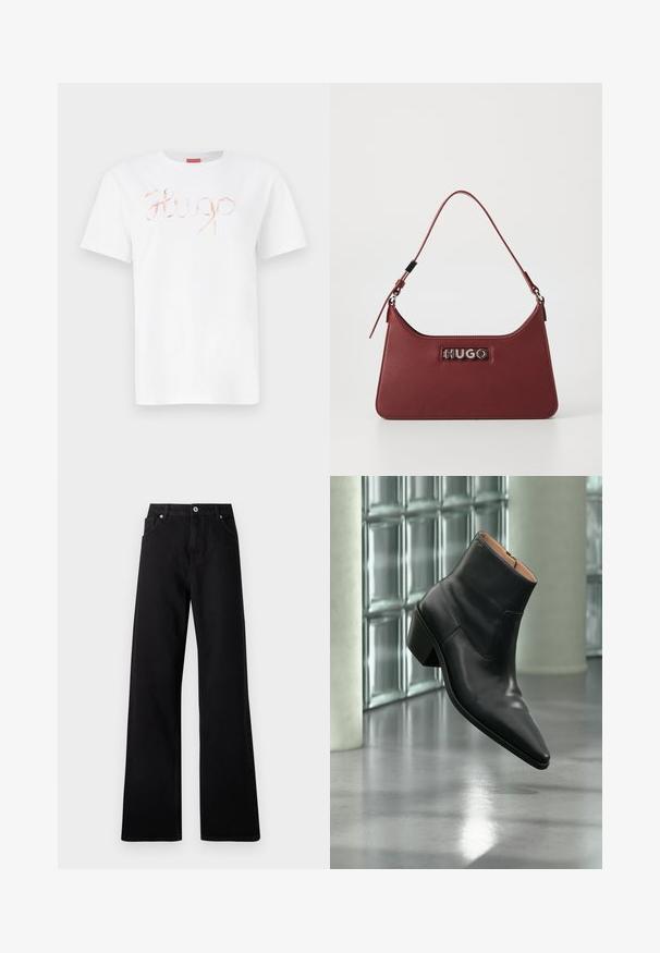 Witte katoen t-shirt met een cursieve, glanzende rosegouden "Hugo" logo op de voorkant. Standaard ronde hals en korte mouwen.; Zwarte wide-leg jeans van denim met een vijf-pockets ontwerp, voorste knoopsluiting en subtiele stikdetails.; Zwarte leren enkellaars met een spitse neus en blokhak die zweeft boven een reflecterende grijze vloer nabij een glazen blokmuur.; Kleine rechthoekige bordeauxrode leren handtas met een verstelbare schouderband en een zilveren "HUGO" logo plaatje aan de voorkant.