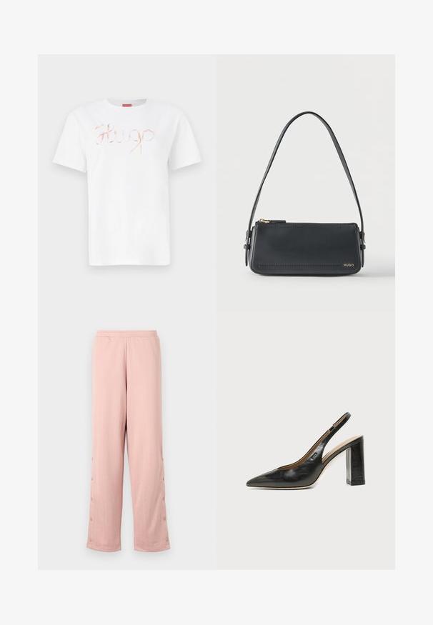 Weißes Baumwoll-T-Shirt mit einem geschwungenen, glänzenden roségoldenen "Hugo"-Logo auf der Vorderseite. Standard-Rundhals und kurze Ärmel.; Helle rosa, weit geschnittene Hose aus weichem Stoff, mit einem dezenten geprägten Muster und dekorativen Knöpfen entlang der Seitennaht.; Schwarzer Leder-Slingback-Schuh mit spitzer Zehenpartie, Blockabsatz und kleinem Logo an der Seite, vor einfachem weißem Hintergrund.; Schwarze rechteckige Lederschultertasche mit goldenem Reißverschluss und kleinem goldenem "HUGO"-Logo auf der Vorderseite, mit verstellbarem Riemen und Schnalle.