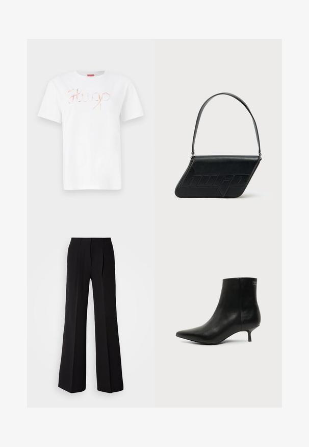 Weißes Baumwoll-T-Shirt mit einem geschwungenen, glänzenden roségoldenen "Hugo"-Logo auf der Vorderseite. Standard-Rundhals und kurze Ärmel.; Schwarze Hose aus glattem Stoff, mit hohem Bund, weitem Schnitt und zwei vorderen Falten für zusätzlichen Designakzent.; Schwarzer Leder-Knöchel-Stiefel mit spitzer Spitze und niedrigem Kittenabsatz vor hellem Hintergrund, seitliche Ansicht.; Schwarze Leder-Umhängetasche mit dreieckiger Form, geprägt mit Logo und einem einzigen verstellbaren Riemen. Minimalistisches Design mit glatter Textur.