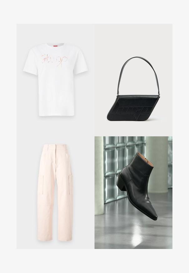 Weißes Baumwoll-T-Shirt mit einem geschwungenen, glänzenden roségoldenen "Hugo"-Logo auf der Vorderseite. Standard-Rundhals und kurze Ärmel.; Helle rosa Cargo-Hosen aus Baumwolle, mit geradem Schnitt, zwei Seitentaschen und einem Bund mit elastischen Details.; Schwarzer Leder-Stiefelette mit spitzer Schuhspitze und Blockabsatz, der über einem reflektierenden grauen Boden nahe einer Glassteinwand schwebt.; Schwarze Leder-Umhängetasche mit dreieckiger Form, geprägt mit Logo und einem einzigen verstellbaren Riemen. Minimalistisches Design mit glatter Textur.