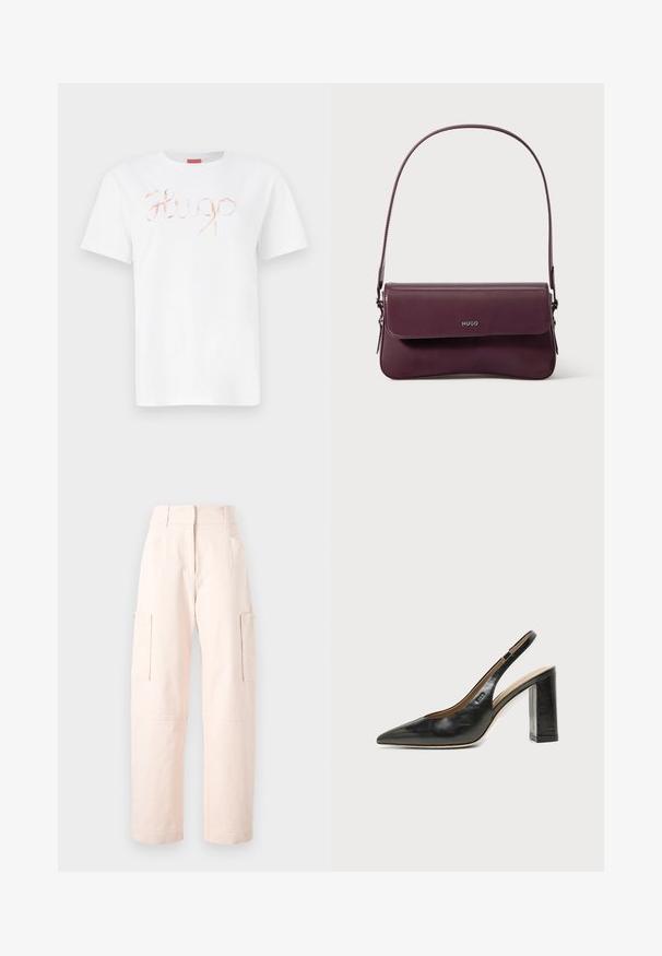 Weißes Baumwoll-T-Shirt mit einem geschwungenen, glänzenden roségoldenen "Hugo"-Logo auf der Vorderseite. Standard-Rundhals und kurze Ärmel.; Helle rosa Cargo-Hosen aus Baumwolle, mit geradem Schnitt, zwei Seitentaschen und einem Bund mit elastischen Details.; Schwarzer Leder-Slingback-Schuh mit spitzer Kappe, hohem Blockabsatz und beigegefüttertem Innenraum vor hellem, einfarbigem Hintergrund.; Burgunderrote Lederhandtasche mit einem strukturierten Design, ausgestattet mit einer Klappe zum Verschließen und einem verstellbaren Riemen. Logodetail ist vorne eingeprägt.