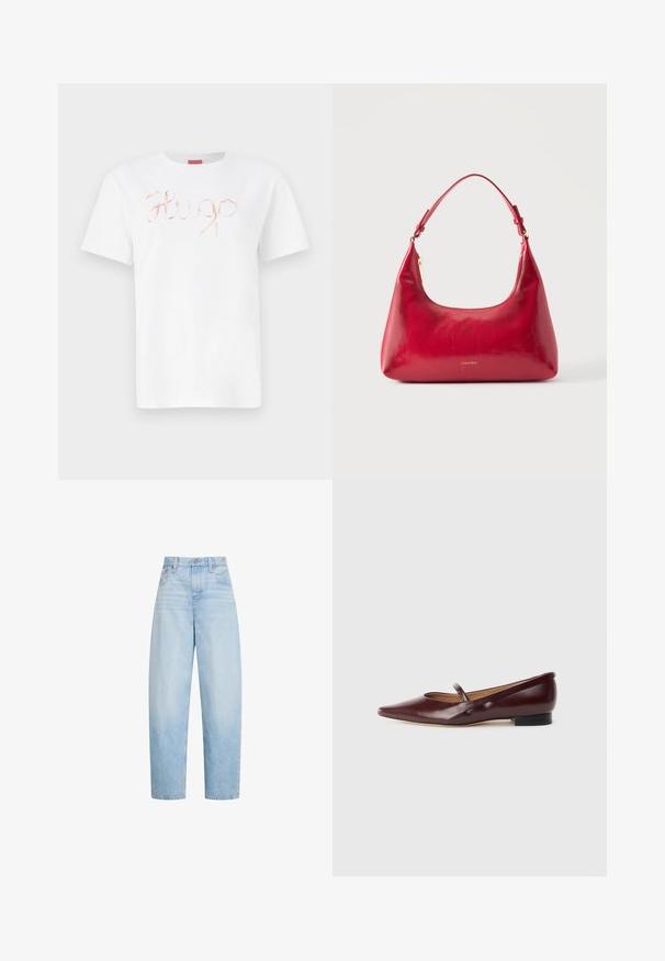 Hvid bomulds t-shirt med et kursiv, skinnende roseguld "Hugo" logo på forsiden. Standard rund hals og korte ærmer.; Lyseblå jeans med højtaljede og lige ben, med forlommer, bælteløkker og knaplukning.; Burgundyrød patenteret lædersko med spids tå og en dekorativ rem over vristen. Har en lav sort hæl.; Rød læder skuldertaske med guld lynlås og justerbar rem, Calvin Klein-logo centreret foran.
