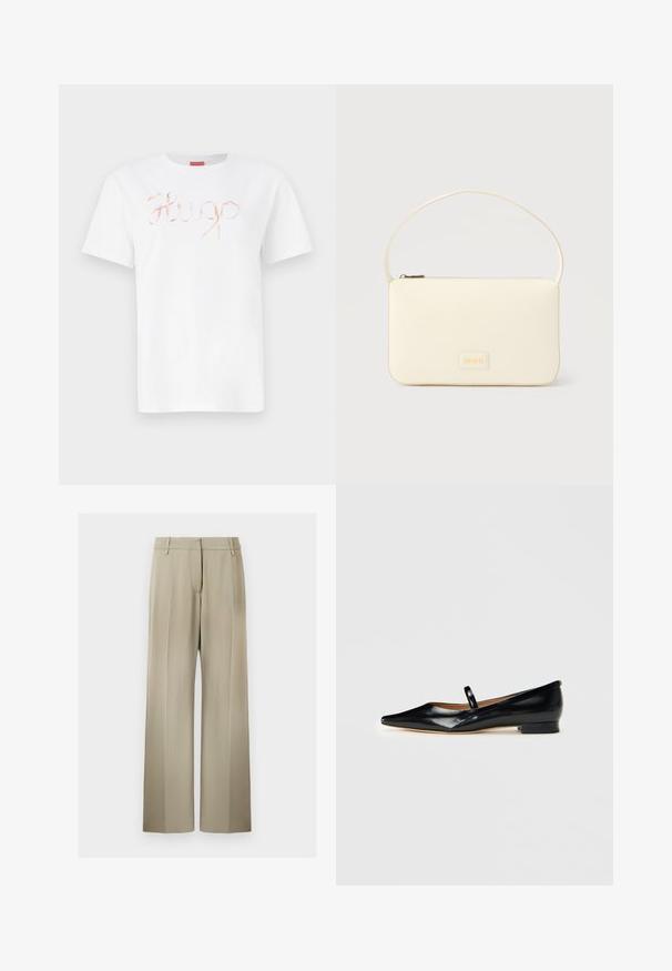 Weißes Baumwoll-T-Shirt mit einem geschwungenen, glänzenden roségoldenen "Hugo"-Logo auf der Vorderseite. Standard-Rundhals und kurze Ärmel.; Weite Hose aus weichem beigen Stoff, mit flachem Bund, Gürtelschlaufen und einer glatten Textur. Standardbund ohne sichtbare Muster.; Schwarze Lackleder-Mary-Jane-Ballerinas mit spitzem Schuh und einem einfachen Riemen sowie niedrigem Absatz auf einfarbigem Hintergrund.; Rechteckige Handtasche in Cremefarbe mit einem einzelnen Trageriemen und Reißverschluss oben, ausgestattet mit einer kleinen, geprägten Logoplakette vorne.