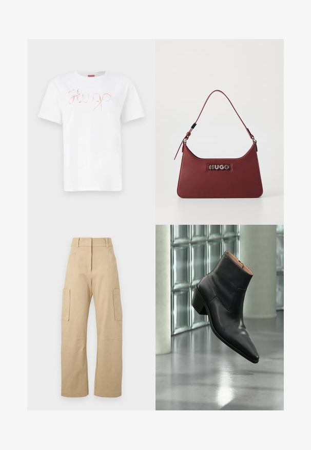 Weißes Baumwoll-T-Shirt mit einem geschwungenen, glänzenden roségoldenen "Hugo"-Logo auf der Vorderseite. Standard-Rundhals und kurze Ärmel.; Beige Cargo-Shorts aus Baumwolle, mit hoher Taille, weitem Bein, zwei Seitentaschen und zwei großen Cargo-Taschen auf den Oberschenkeln.; Schwarzer Leder-Stiefelette mit spitzer Schuhspitze und Blockabsatz, der über einem reflektierenden grauen Boden nahe einer Glassteinwand schwebt.; Kleine rechteckige burgunderfarbene Lederhandtasche mit verstellbarem Riemen und silberner "HUGO"-Logoplatte auf der Vorderseite.