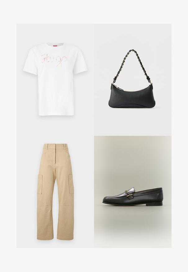 Hvid bomulds t-shirt med et kursiv, skinnende roseguld "Hugo" logo på forsiden. Standard rund hals og korte ærmer.; Beige cargo bukser lavet af bomuld, med høj talje, vide ben, to sidelommer og to store cargolommer på lårene.; Sort læderloafer med sølv øverste, gyldent kædedetalje, lav hæl og rundet tå på neutral baggrund.; Sort skuldertaske i læder med en buet rektangulær form, gyldent kæde vævet ind i en flettet sort rem og toplynlås.