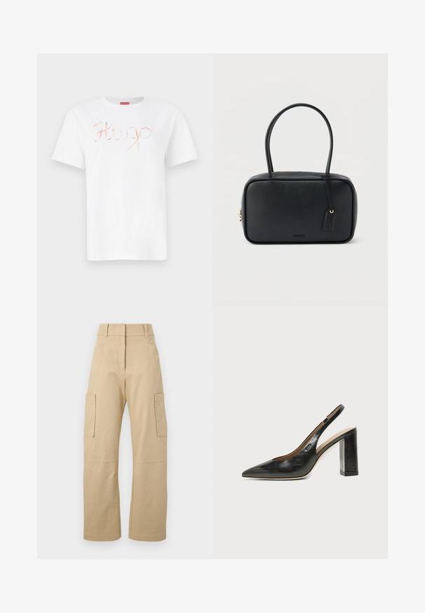 Weißes Baumwoll-T-Shirt mit einem geschwungenen, glänzenden roségoldenen "Hugo"-Logo auf der Vorderseite. Standard-Rundhals und kurze Ärmel.; Beige Cargo-Shorts aus Baumwolle, mit hoher Taille, weitem Bein, zwei Seitentaschen und zwei großen Cargo-Taschen auf den Oberschenkeln.; Schwarzer Leder-Slingback-Schuh mit spitzer Kappe, hohem Blockabsatz und beigegefüttertem Innenraum vor hellem, einfarbigem Hintergrund.; Schwarze rechteckige Handtasche mit doppelten, abgerundeten Griffen, goldfarbenem Reißverschluss und geprägtem „HUGO“-Logo auf der Vorderseite sowie angebrachtem Lederanhänger.