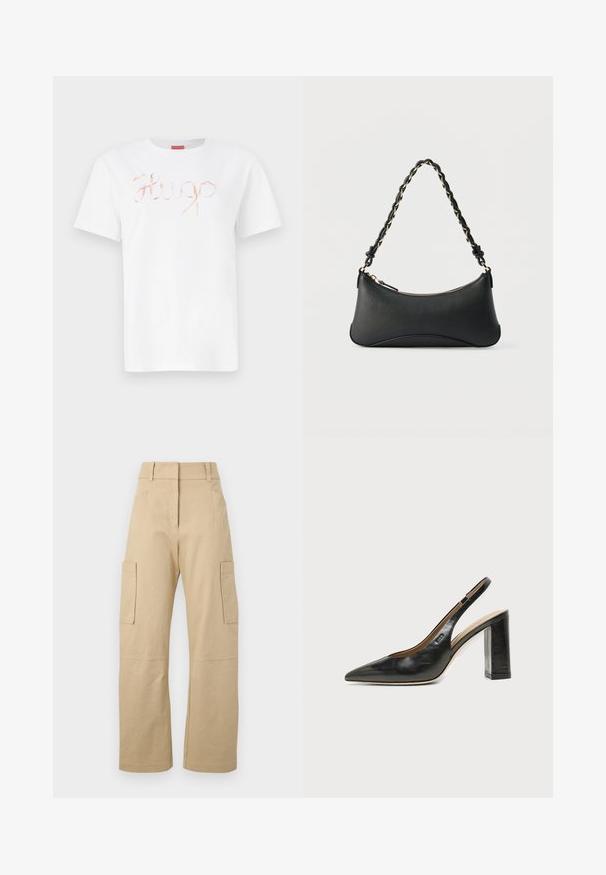 Weißes Baumwoll-T-Shirt mit einem geschwungenen, glänzenden roségoldenen "Hugo"-Logo auf der Vorderseite. Standard-Rundhals und kurze Ärmel.; Beige Cargo-Shorts aus Baumwolle, mit hoher Taille, weitem Bein, zwei Seitentaschen und zwei großen Cargo-Taschen auf den Oberschenkeln.; Schwarzer Leder-Slingback-Schuh mit spitzer Kappe, hohem Blockabsatz und beigegefüttertem Innenraum vor hellem, einfarbigem Hintergrund.; Schwarze Lederschultertasche mit gewölbter rechteckiger Form, goldener Kette, die in den geflochtenen schwarzen Riemen eingewebt ist, und Reißverschlussverschluss oben.