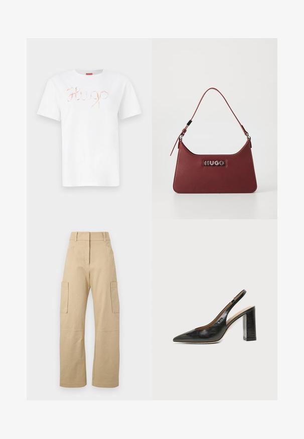 Weißes Baumwoll-T-Shirt mit einem geschwungenen, glänzenden roségoldenen "Hugo"-Logo auf der Vorderseite. Standard-Rundhals und kurze Ärmel.; Beige Cargo-Shorts aus Baumwolle, mit hoher Taille, weitem Bein, zwei Seitentaschen und zwei großen Cargo-Taschen auf den Oberschenkeln.; Schwarzer Leder-Slingback-Schuh mit spitzer Kappe, hohem Blockabsatz und beigegefüttertem Innenraum vor hellem, einfarbigem Hintergrund.; Kleine rechteckige burgunderfarbene Lederhandtasche mit verstellbarem Riemen und silberner "HUGO"-Logoplatte auf der Vorderseite.