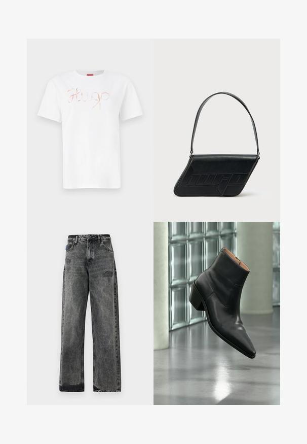 Witte katoen t-shirt met een cursieve, glanzende rosegouden "Hugo" logo op de voorkant. Standaard ronde hals en korte mouwen.; Zwarte denim jeans met wijde pijpen, een vervaagde wassing, verweringdetails aan de voorkant en een standaard vijf-pocketontwerp.; Zwarte leren enkellaars met een spitse neus en blokhak die zweeft boven een reflecterende grijze vloer nabij een glazen blokmuur.; Zwarte leren schoudertas met een driehoekige vorm, geperst logo en een enkele verstelbare riem. Minimalistisch ontwerp met een gladde textuur.