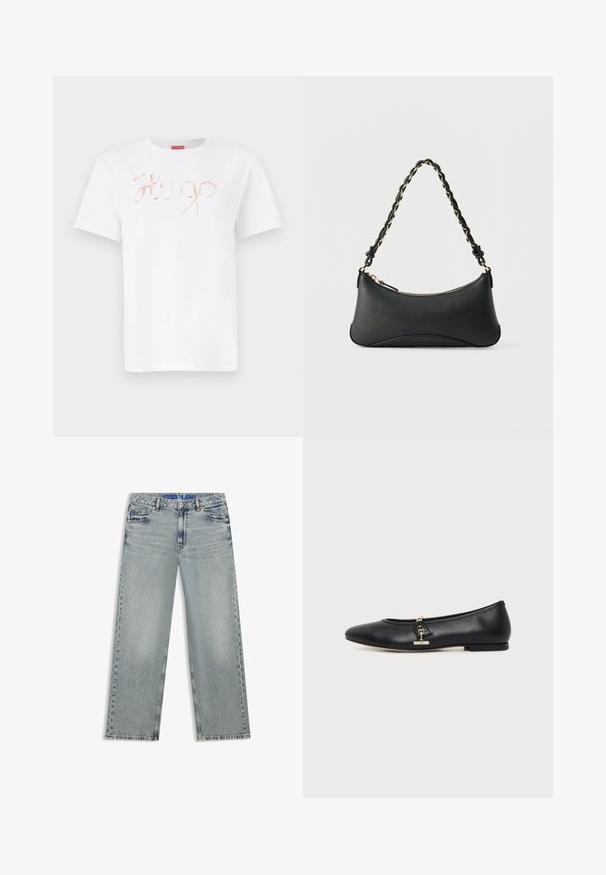 Hvid bomulds t-shirt med et kursiv, skinnende roseguld "Hugo" logo på forsiden. Standard rund hals og korte ærmer.; Lyseblå jeans med vide ben lavet af denim, med udvaskede områder, fem lommer og en blå mærket taljebånd.; Sort læder flad sko med rundet tå og lille guldlåsdetalje på siden, vist på en ensfarvet lys baggrund.; Sort skuldertaske i læder med en buet rektangulær form, gyldent kæde vævet ind i en flettet sort rem og toplynlås.