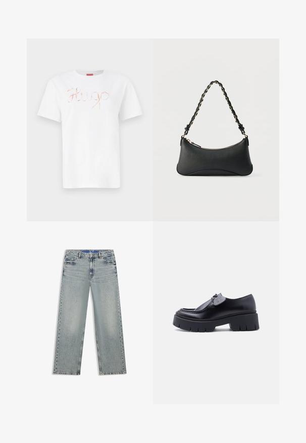 Witte katoen t-shirt met een cursieve, glanzende rosegouden "Hugo" logo op de voorkant. Standaard ronde hals en korte mouwen.; Lichtblauwe wijde jeans van denim, met vervaagde gebieden, vijf zakken en een blauwe tailleband met merk.; Zwarte chunky platform loafer met dikke profielzool en decoratief label aan de veter, zijaanzicht op witte achtergrond.; Zwarte lederen schoudertas met een gebogen rechthoekige vorm, gouden ketting verweven in een gevlochten zwarte band, en een ritssluiting bovenop.