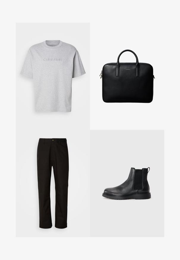 Sivý bavlnený tričko s krátkymi rukávmi, s okrúhlym výstrihom a vyšitým logom "Calvin Klein" na prednej strane v subtílnej farbe.; Čierne bavlnené nohavice v rovnom strihu, s pútkami na opasok, predným zipsom a jedným zapínaním na gombík. Hladká textúra bez viditeľných vzorov.; Čierne kožené chelsea čižmy s textúrovaným povrchom, elastickými bočnými panelmi a pevným gumovým podpätkom. Diskrétny branding na päte.; Čierna textúrovaná kožená aktovka s dvojitými rúčkami a striebornými zipsami, centrovaná na bielom pozadí.