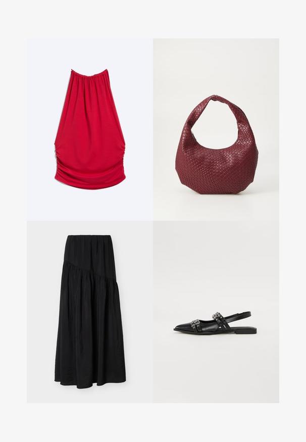Robe rouge sans manches à col licou avec côtés froncés et encolure froncée, présentée sur un fond clair uni.; Jupe noire longueur cheville avec tissu plissé et détail de couture diagonale à l'avant.; Even&Odd by Zalando Ballerines à brides arrière - black; Sac à main tissé bordeaux avec une silhouette arrondie, une seule poignée et une finition texturée. Fermeture zippée en haut.
