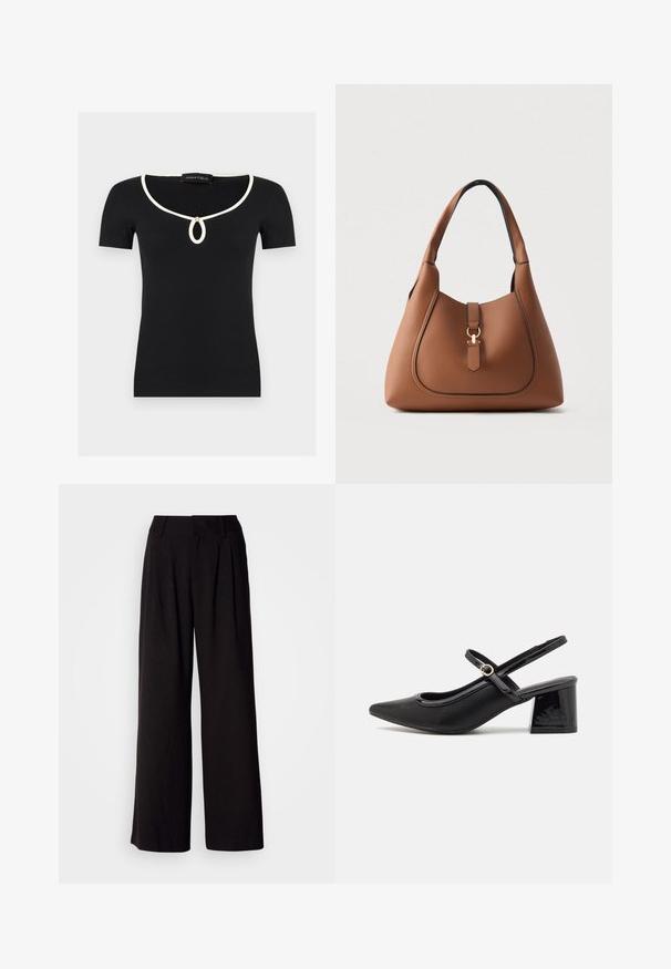 Haut noir à manches courtes en maille côtelée avec bordure blanche autour de l'encolure en U et une petite découpe en forme de goutte d'eau maintenue par un bouton doré.; Pantalon large noir en tissu lisse, avec des plis à l'avant, une taille ajustée, et sans motifs ni accents visibles.; Escarpins slingback en cuir verni noir avec un embout pointu, un design à découpes arrondies et un talon carré. Présente un accent de boucle en ton doré.; Sac à main en cuir marron avec finition texturée, forme incurvée, bandoulière unique et détail en métal doré sur le devant.