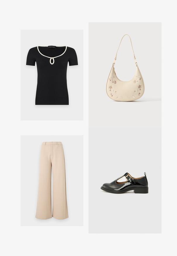 Haut noir à manches courtes en maille côtelée avec bordure blanche autour de l'encolure en U et une petite découpe en forme de goutte d'eau maintenue par un bouton doré.; Pantalon large beige taille haute avec passants pour ceinture et fermeture avant dissimulée sur fond blanc.; Chaussure Mary Jane en cuir verni noir avec un bout arrondi, une sangle au niveau de la cheville, un détail de boucle dorée et un petit talon carré. Texture lisse.; Sac à main en forme de croissant couleur crème avec une broderie florale et une courte sangle, suspendu sur un fond blanc.