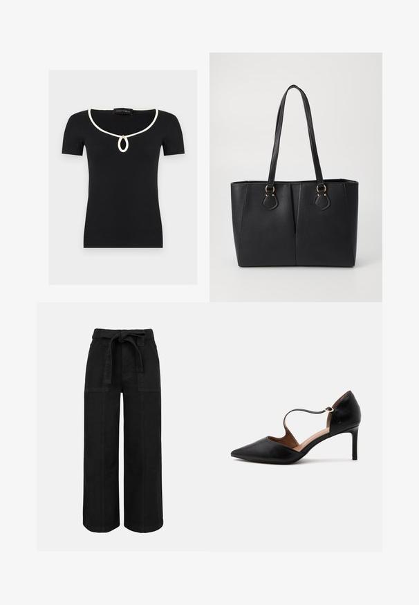 Haut noir à manches courtes en maille côtelée avec bordure blanche autour de l'encolure en U et une petite découpe en forme de goutte d'eau maintenue par un bouton doré.; Pantalon noir à taille haute, jambes larges, avec poches plaquées à l'avant et ceinture en tissu nouée en nœud à la taille.; Chaussure à talon haut en cuir noir à bout pointu avec une fine bride à la cheville et un talon stiletto de hauteur moyenne sur fond blanc.; Sac fourre-tout noir en simili cuir avec une finition texturée, deux longues poignées et des accents en métal doré sur le côté. Shape rectangulaire.