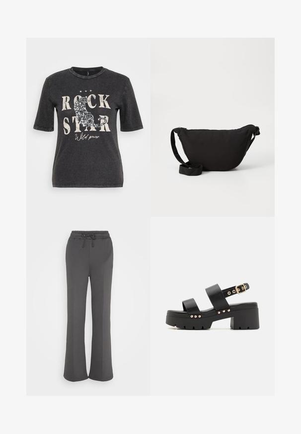 Sort kortærmet t-shirt med et grafisk print med teksten "ROCK STAR" og palietter, sat mod en let slidt baggrund.; Grå sweatpants lavet af blødt stof, med snørredetalje i livet, flagrende ben og ingen synlige mønstre eller hardware-detaljer.; Call it Spring NOVALIE - Plateausandaler - black; Sort hobo taske lavet af blødt stof, med en buet form, lynlåslukning og en bred justerbar rem. Glat tekstur uden mønstre.
