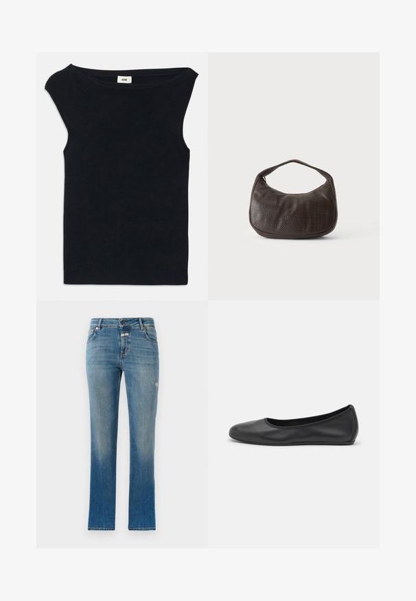 Top negro sin mangas hecho de una tela suave, con un escote amplio y un corte ajustado. Textura suave con un acabado limpio en el dobladillo.; Jeans rectos de color azul claro, hechos de denim. Presentan una cintura de altura media, bolsillos frontales y un ligero desgastado en la tela.; Bailarina de piel negra con punta redondeada, textura suave, detalle de costura minimalista y diseño de suela flexible.; Pequeño bolso de mano marrón oscuro con textura, con correa corta y fondo redondeado sobre un fondo claro y liso.