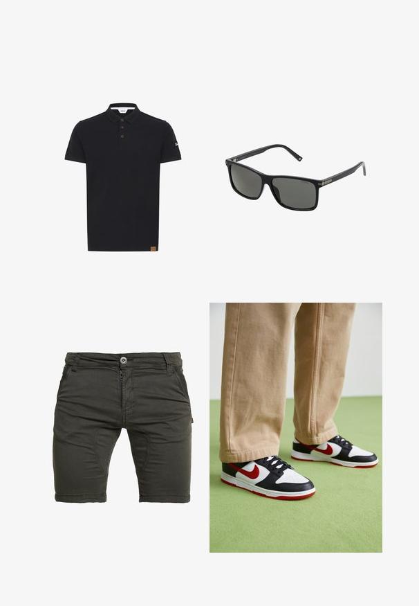 Camisa polo negra de color sólido, con un cuello clásico, tapeta de tres botones marrones y un parche texturizado con el logo en la manga.; Pantalones cortos de un verde oliva oscuro hechos de una tela suave y tejida. Presentan un cierre de botón, lazos para cinturón y detalles cosidos a lo largo de los lados.; Las zapatillas Nike Dunk presentan un diseño de cuero negro con acentos rojos y un swoosh blanco. La suela es roja, con una puntera blanca texturizada.; Gafas de sol de plástico negro con lentes rectangulares, lentes polarizadas y acentos metálicos en el marco para mayor durabilidad.