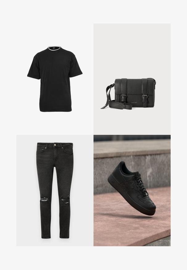 Camiseta negra de manga corta con cuello redondo y ribete blanco en el borde del cuello y las mangas, mostrada contra un fondo blanco.; Vaqueros negros de corte slim con desgaste y roturas en ambas rodillas, que cuentan con bolsillos delanteros, trabillas para cinturón y cierre con botón de metal.; Zapatilla negra de corte bajo con patrones de estrellas estampados en el cuero, cordones negros y un pequeño colgante de estrella plateada en el cordón delantero.; Bolso cruzado de cuero negro con un acabado texturizado, cierres de doble hebilla y correa ajustable. Presenta un logo embosado en la parte frontal.