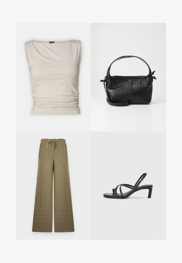 Gina Tricot SOFT TOUCH BOATNECK TOP - Μπλούζα - pumice stone; Χακί παντελόνι με φαρδιά μπατζάκια και σχέδιο με τρύπες, ελαστική μέση και κορδόνι, εμφανίζεται πάνω σε ένα απλό ανοιχτό φόντο.; Μαύρη σανδάλι με λουράκια και τετράγωνη μύτη, καθώς και χαμηλό μπλοκ τακούνι. Διαθέτει πολλαπλά λεπτά λουράκια και ρυθμιζόμενο λουράκι στον αστράγαλο. Κατασκευασμένο από λείο δέρμα.; Μαύρη δερμάτινη τσάντα με δομικό σχέδιο, στρογγυλή λαβή από πάνω και αποσπώμενο λουρί ώμου. Διαθέτει λεία υφή και διακριτική γυαλάδα.