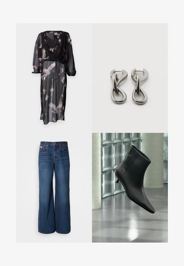 Gennemsigtig sort kjole med omslagdesign, der har fuglemønstre i bløde farver, lange ærmer og justerbare snore i taljen.; Bredde jeans lavet af mørkeblåt denim. Funktioner inkluderer en høj talje, fem lommer og kontrasterende orange syninger langs sømmene.; Sort læderankelstøvle med spids tå og lav kitten-hæ, vist vinklet mod en poleret gulv- og glasblokvæg.; Par af sølvtonede metale øreringe med abstrakt sammenflettet løbedesign på hvid baggrund.