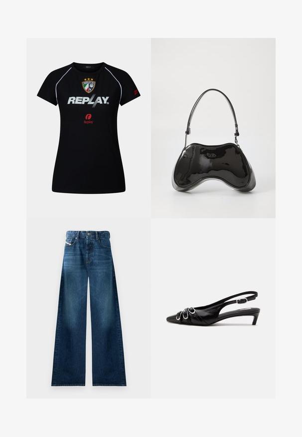 Camisa deportiva de manga corta negra con ribetes blancos, escudo de Replay FC, gran texto blanco "REPLAY" y pequeño logo rojo de Replay en el pecho y en la manga.; Jeans de mezclilla de pierna ancha en lavado oscuro. Presentan un diseño tradicional de cinco bolsillos, cierre de botón y un ligero desgaste en los muslos.; Zapato slingback de cuero negro con punta puntiaguda, tres hebillas plateadas en la parte delantera y tacón bajo tipo «kitten» sobre fondo blanco.; Bolso de mano de piel sintética negra con un diseño curvado único, asas cortas y ajustables, y abertura con cremallera en la parte superior. Textura suave con una sutil marca.