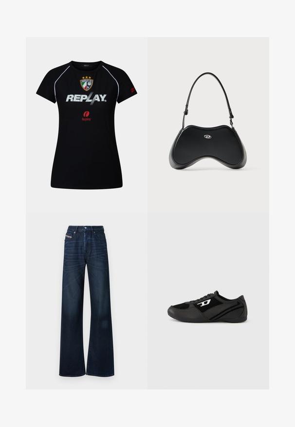 Camisa deportiva de manga corta negra con ribetes blancos, escudo de Replay FC, gran texto blanco "REPLAY" y pequeño logo rojo de Replay en el pecho y en la manga.; Vaqueros de pierna ancha en color azul oscuro hechos de mezclilla. Presentan un cierre de botón, diseño de cinco bolsillos y un sutil desvanecimiento en la parte frontal.; Zapatillas deportivas negras con empeine de ante y material sintético, con un diseño texturizado, puntera redondeada y suela plana. Acento de logo plateado en el lateral.; Bolso de mano de cuero sintético negro con una forma curva única, asa corta y un detalle de logo plateado en el frente. Textura suave, diseño minimalista.