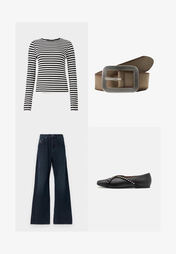 Sort og hvid stribet langærmet top med rund halsudskæring. Lavet af et ribbet stof, har den jævnt fordelte vandrette striber.; Vidbenede mørk denimjeans med mellemhøj talje, forlommer, diskrete slidmærker og en ren kant. Har en lukning med metalknap.; Sorte læder fladsko med spids toe, prydet med en dekorativ rem med sølvnitter og en spænde detalje. Glat tekstur, minimalistisk design.; Brun læderbælte med en rektangulær, tekstureret sølv spænde med nitterede accenter. Glat overflade med et robust, justerbart design.