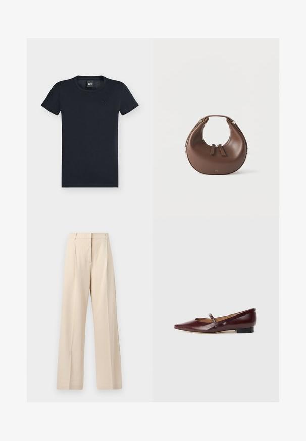 T-shirt noir à manches courtes et col rond avec un petit logo embossé sur la poitrine gauche et une étiquette de marque dans le cou.; Pantalon beige taille haute à jambes larges avec plis sur le devant et fermeture éclair dissimulée, fabriqué en tissu texturé.; Chaussure plate en cuir verni bordeaux avec un bout pointu et une sangle décorative sur le cou-de-pied. Présente un petit talon noir.; Sac à main en cuir marron en forme de croissant avec une poignée supérieure et deux curseurs de fermeture éclair, sur fond blanc.