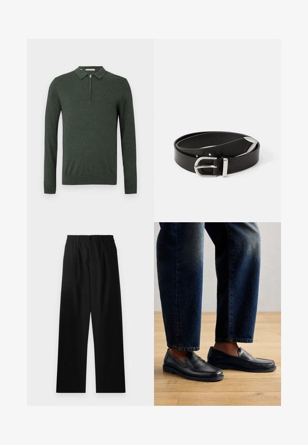 Donkergroene polo trui met lange mouwen, kwart ritssluiting en geribde manchetten en onderkant, weergegeven op een effen lichte achtergrond.; Zwarte, wijde broek met een elastische tailleband en een knoopsluiting aan de voorkant. Gemaakt van een gladde stof zonder zichtbare patronen.; Zwarte leren instappers met gestikte details en textuurelementen, gedragen met donkerdenim, die een casual en gestroomlijnd ontwerp tonen.; Zwarte leren riem met een zilveren metalen gesp, met een klassiek ontwerp en een gladde textuur. Inclusief gaatjes voor verstelbare pasvorm.