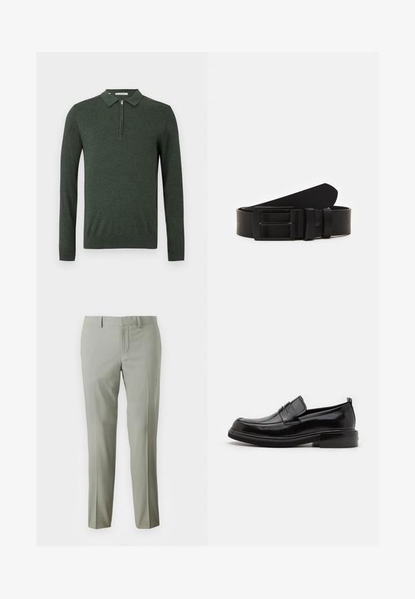 Donkergroene polo trui met lange mouwen, kwart ritssluiting en geribde manchetten en onderkant, weergegeven op een effen lichte achtergrond.; Lichtgrijze broek met een getailleerde pasvorm, gemaakt van soepele stof, met rechte pijpen en een eenvoudige tailleband zonder zichtbare hardware.; Calvin Klein MOCCASIN - Zakelijke loafers - black; Zwarte leren riem gerold met een matte zwarte rechthoekige metalen gesp en twee riemlussen op een witte achtergrond.