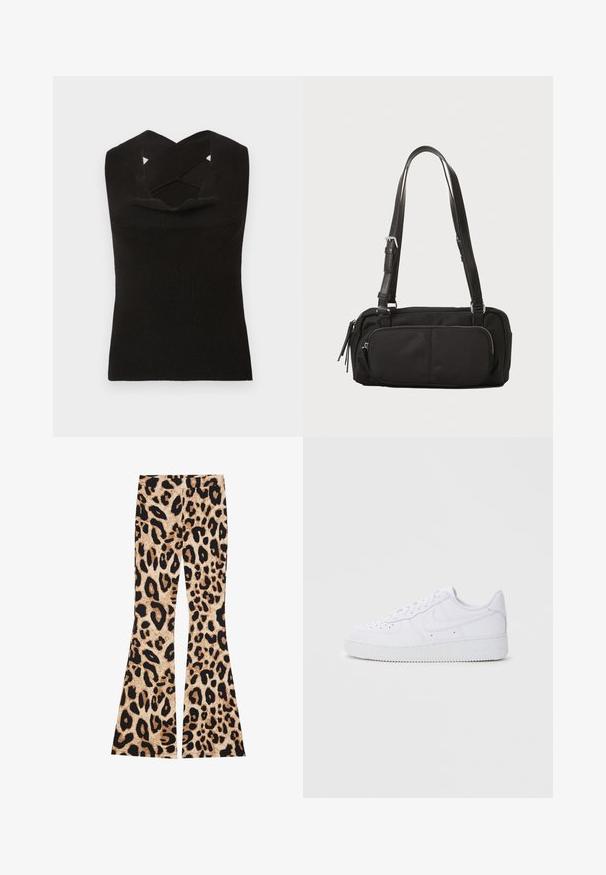 Top sin mangas negro de canalé con un escote profundo y tirantes en forma de cruz. Textura suave y silueta ajustada.; Pantalones acampanados de estampado de leopardo que presentan una textura acanalada, en colores beige y negro, con patrones de manchas variables a lo largo de la tela.; Zapatillas Nike Air Force 1 blancas con parte superior de cuero, puntera redonda, cierre de cordones, cuello acolchado y suela de goma texturizada.; Bolsa negra de nailon con forma estructurada. Presenta correas de cuero ajustables, bolsillo frontal con cremallera y sutiles acentos texturizados.