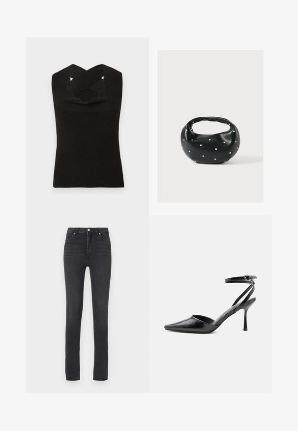 Schwarzes, geripptes ärmelloses Oberteil mit einem tiefen Ausschnitt und kreuzenden Schulterträgern. Glatte Textur und figurbetonter Schnitt.; Schwarze Skinny-Jeans mit hoher Taille, aus Stretch-Denim, ausgestattet mit Gürtelschlaufen, minimaler Nahtverarbeitung und einem klassischen Fünf-Taschen-Design.; Schwarzer spitzer High Heel mit dünnen Knöchelriemen und silberner Schnalle auf einfachem hellem Hintergrund.; Schwarze Lederhandtasche mit abgerundeter Form, verziert mit silbernen Nietenakzenten und kurzem Griff. Glatte Struktur und Reißverschlussverschluss.