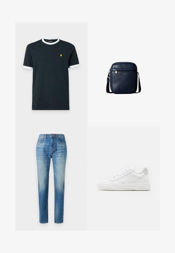 Marineblauw katoenen T-shirt met witte geribde kraag en mouwranden. Wordt gekenmerkt door een klein geel geborduurd logo op de linkerkant van de borst.; Lichtblauwe denim jeans met een rechte pijp, voorzien van een hoge taille, subtiele vervaging en klassieke vijf-pocket stijl. Metalen knoopsluiting.; Witte leren sneakers met een gladde afwerking, ronde neus, platte veters en een gestructureerde zool. Grijze suède accent bij de hiel.; Donkerblauwe leren crossbodytas met voorvak met rits en zwarte verstelbare schouderband.
