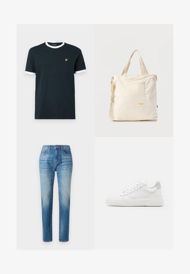 T-shirt en coton bleu marine avec col et bords de manches en rigide blanc. Présente un petit logo brodé jaune sur la poitrine gauche.; Jean en denim bleu clair, coupe droite, avec taille haute, décoloration subtile et style classique à cinq poches. Fermeture à bouton en métal.; Des baskets en cuir blanc avec une finition lisse, un bout rond, des lacets plats et une semelle texturée. Accents en daim gris au niveau du talon.; Sac fourre-tout en toile crème avec poche avant, deux poignées, bandoulière réglable et petit texte jaune "O.N.S" en bas à droite de la poche.