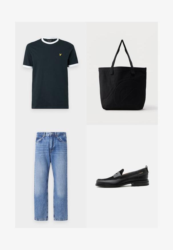 Marineblå bomulds T-shirt med hvid ribkant ved kraven og ærmekanterne. Udstyret med et lille gult broderet logo på venstre bryst.; Lyseblå denimjeans med lige ben, fem lommer, kontrasttråd og en let slidt finish. Knap- og lynlåslukning.; Sort læderloafer med grå remdetalje, lav hæl og tekstureret sål, mærket med "HUGO" i guld på siden.; Sort canvas-tote-taske med to skulderstropper og et diskret præget cirkeldesign på fronten.