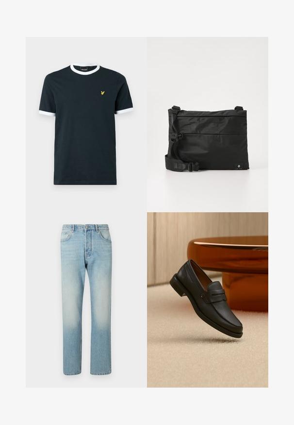 T-shirt en coton bleu marine avec col et bords de manches en rigide blanc. Présente un petit logo brodé jaune sur la poitrine gauche.; Jeans bleu clair fabriqués en denim, présentant un design à jambe droite, une structure à cinq poches et un effet délavé au niveau des cuisses.; Mocassin homme en cuir noir avec une bande sur le dessus, présenté sur un tapis beige près d'une table ronde moderne marron.; Sac messager en nylon noir avec une sangle réglable, un design plat et une étiquette latérale arborant un logo. Texture lisse et style minimaliste.