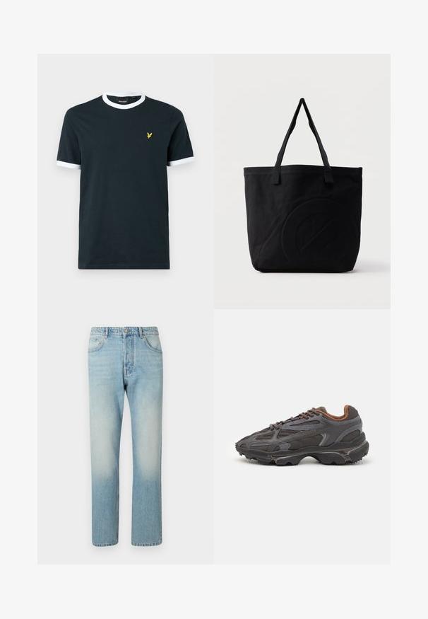 Camiseta de algodón azul marino con cuello ribeteado y bordes de las mangas en blanco. Presenta un pequeño logo bordado amarillo a la izquierda del pecho.; Jeans de color azul claro hechos de denim, con un diseño de pierna recta, estructura de cinco bolsillos y efecto de lavado desgastado en los muslos.; Zapatillas Lacoste en gris oscuro con material de malla y sintético, que cuentan con una suela texturizada y detalles en marrón en el cuello y la marca.; Bolsa tote de lona negra con dos correas para el hombro y un diseño circular en relieve sutil en el frente.
