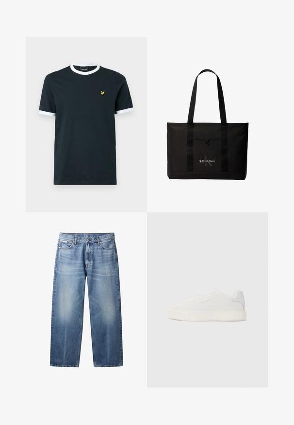 Marineblå bomulds T-shirt med hvid ribkant ved kraven og ærmekanterne. Udstyret med et lille gult broderet logo på venstre bryst.; Lyseblå jeans med lige ben, falmede områder, fem lommer, knaplukning og Calvin Klein-mærke på højre forlommer.; Hvid sneaker med glat syntetisk overdel, rund tå og flad hvid sål. Har tonale syninger og minimal branding på siden.; Sort Calvin Klein tote taske med to lange håndtag og lomme foran, med mærkets logo i hvid og grå.