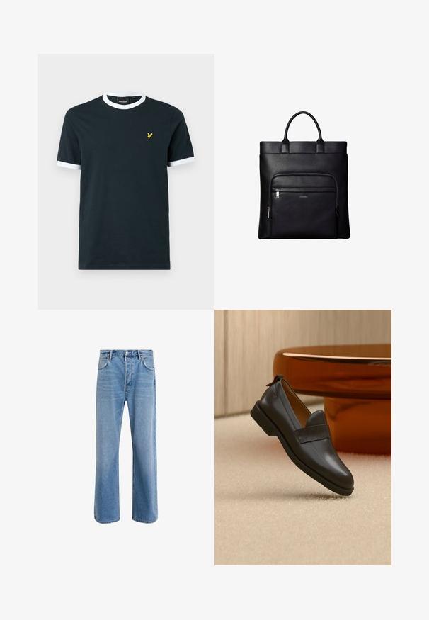 Marineblå bomulds T-shirt med hvid ribkant ved kraven og ærmekanterne. Udstyret med et lille gult broderet logo på venstre bryst.; Lyseblå denim jeans med lige ben-design, fem lommer, knaplukning, minimal falming og kontraststingdetaljer.; Sort læderloafer med lav hæl svævende over beige tæppe ved siden af et blankt ravfarvet bord i et minimalistisk rum.; Sort læder tote taske med top håndtag og en front lynlåslomme med et lille Calvin Klein-logo på lommen.