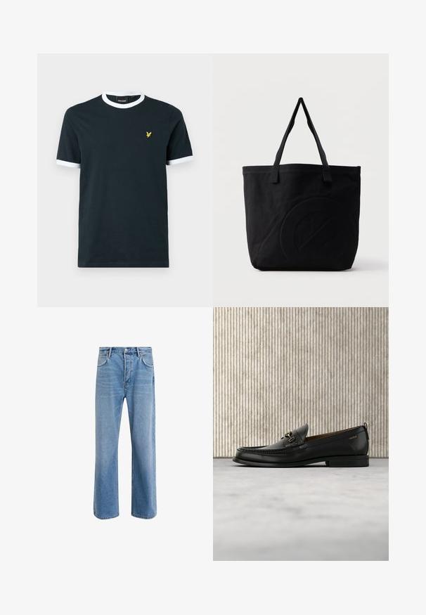 Marineblå bomulds T-shirt med hvid ribkant ved kraven og ærmekanterne. Udstyret med et lille gult broderet logo på venstre bryst.; Lyseblå denim jeans med lige ben-design, fem lommer, knaplukning, minimal falming og kontraststingdetaljer.; Sort læderloafers med guldfarvet metaldekoration og "HUGO" branding, vist mod en beige tæppe og brunt gennemsigtigt møbel.; Sort canvas-tote-taske med to skulderstropper og et diskret præget cirkeldesign på fronten.
