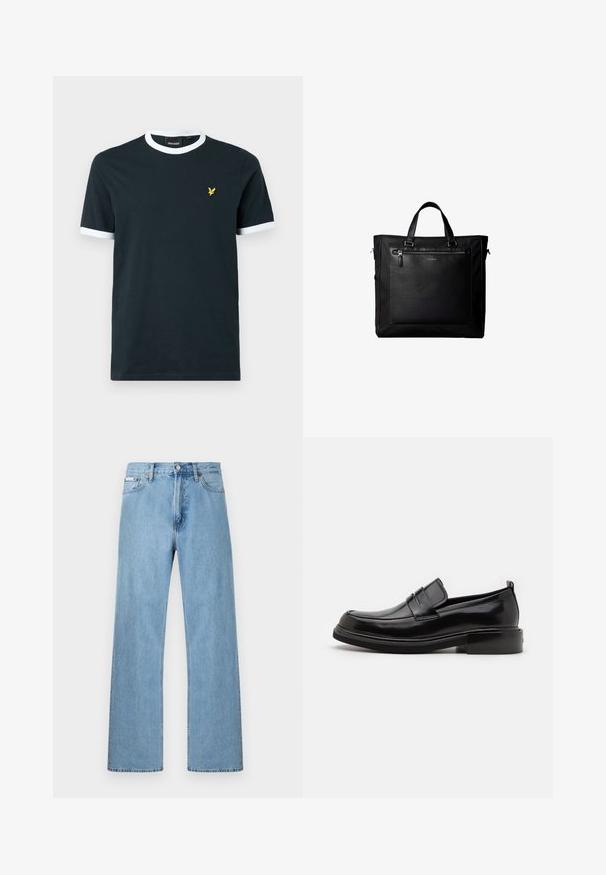 Marineblaues Baumwoll-T-Shirt mit weißem geripptem Kragen und Ärmelenden. Mit einem kleinen gelben gestickten Logo auf der linken Brust.; Hellblaue gerade geschnittene Jeans im Five-Pocket-Design mit Knopfverschluss an der Taille, präsentiert vor einem schlichten Hintergrund.; Calvin Klein MOCCASIN - Business-Slipper - black; Schwarze Tragetasche mit Doppelgriffen, großer vorderer Ledertasche mit Reißverschluss und dezentem Calvin Klein-Logo in der Mitte der Tasche.