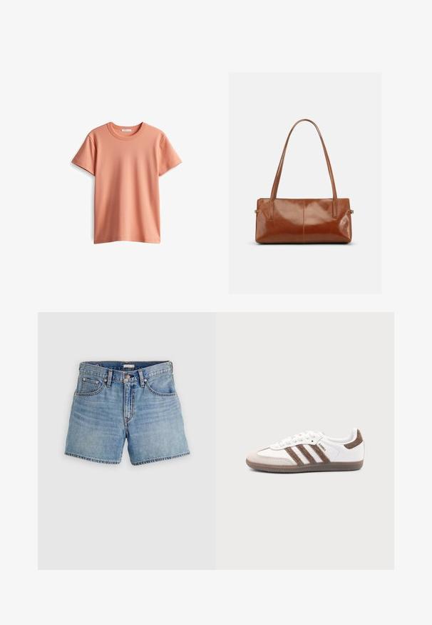 Korte mouwen T-shirt in licht perzikkleur, gemaakt van zachte katoen, met een klassieke ronde hals en een gladde, effen textuur.; Lichtblauwe denim shorts met een hoge taille, voorzien van vijf zakken, een ritssluiting en een ruwe zoom. Klassieke stiksels en een licht vervaagde textuur.; Witte Adidas Samba sneaker met bruine suède strepen, bruine rubberen zool en beige suède neuskap, getoond vanaf de buitenkant op een effen achtergrond.; Rechthoekige bruine leren handtas met twee lange schouderriemen, een gladde glanzende afwerking en een minimalistisch ontwerp op een effen achtergrond.