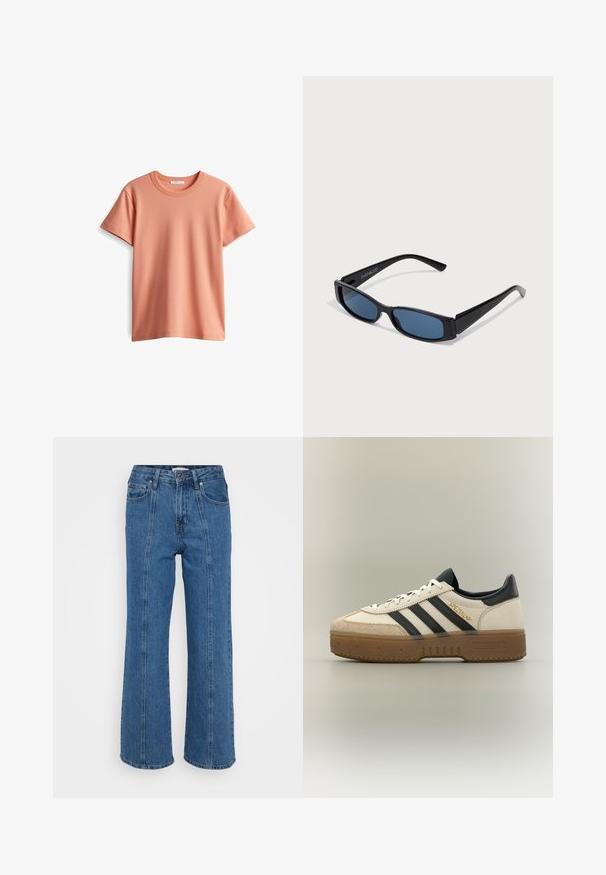 Korte mouwen T-shirt in licht perzikkleur, gemaakt van zachte katoen, met een klassieke ronde hals en een gladde, effen textuur.; Blauwe high-waisted wijde jeans met een vervaagd uiterlijk, voorzien van opvallende voorkeuren en een vijf-pocket ontwerp, gemaakt van denimstof.; Witte Adidas sneaker met zwarte strepen, beige suède neus, bruine zool en "SPEZIAL" in gouden letters aan de zijkant.; Zwarte zonnebril met een slank rechthoekig frame en blauwe lenzen. Heeft een gladde textuur en stevige pootjes. Merklogo aan de zijkant.