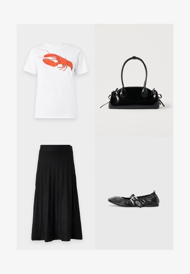 Camiseta de algodón blanca con un gran gráfico de langosta roja brillante en la parte frontal. Diseño de mangas cortas y cuello redondo estándar.; Falda plisada negra hecha de un tejido suave, con una cinturilla acanalada y un diseño fluido que llega hasta la mitad de la pantorrilla.; Zapato plano de piel negra con puntera afilada, detalle fruncido alrededor de la abertura y un acento de hebilla plateada en la correa ajustable.; Pequeño bolso negro brillante con dos asas largas y detalles de cordón lateral sobre un fondo claro liso.